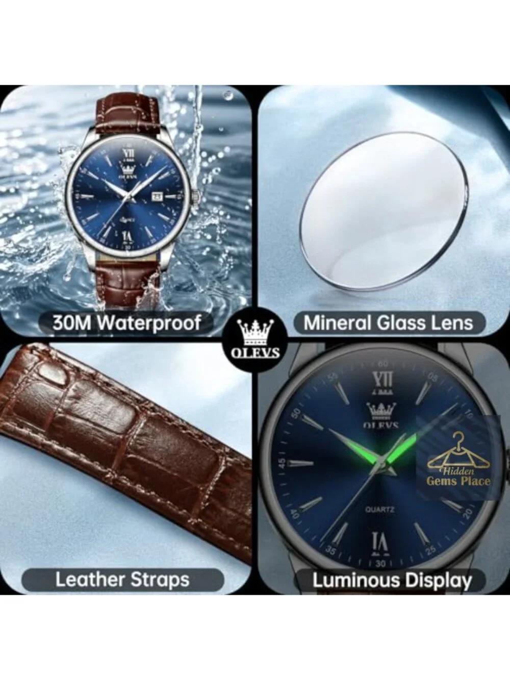 Men's Leather Strap Watch Quartz Analog 41mm Water Resistant Dress Timepiece